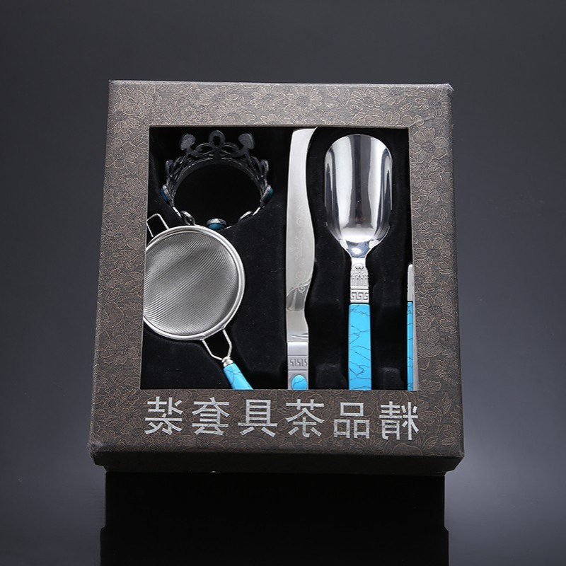批发绿松石五件套茶道茶具茶夹茶刀茶过滤彩盒装泡茶工具家用办公
