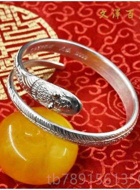 高档灵蛇雪花银999银手镯环1银饰品手工定做个性手生肖蛇订制NO63