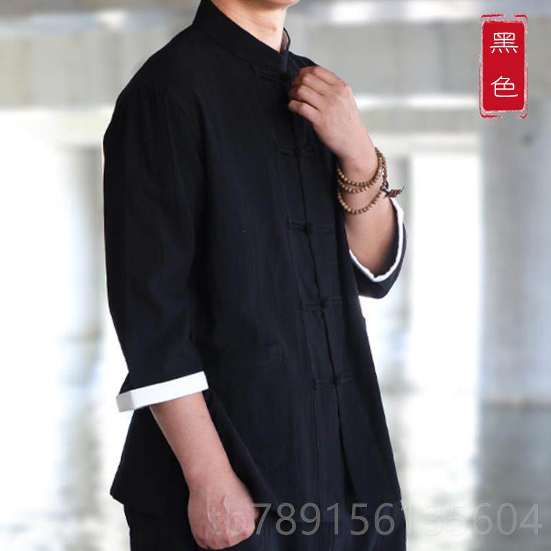 高档中老年爸爸春秋唐装棉衫麻新中式民国山中装男居士太女极服长