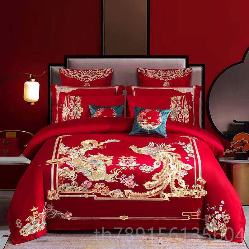 高档全棉新婚庆四件套大红色长绒嫁中棉式龙凤绣刺结婚纯棉陪床上,床上用品,婚庆床品套件,淘宝优惠券,粉丝福利购,淘宝优惠卷