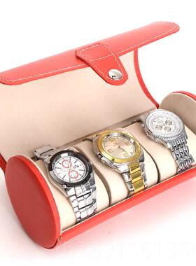 高档梦冉3位圆筒盒手表手表收纳饰盒首手镯随身包指收戒纳盒PU皮