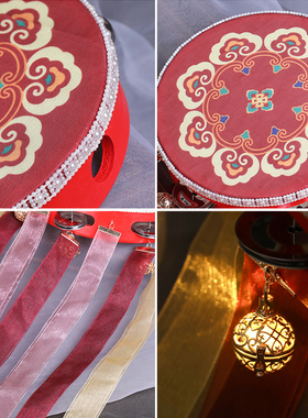 汉服手拿鼓e红色飘带手鼓古风饰品国潮风配饰手持铃铛鼓复古彩带