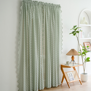 法式蕾丝窗帘薄荷绿透光不透人纱帘少女心拱形门魔术贴Z挂钩式窗