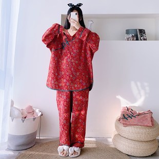 宽松胖mm2O00斤复古盘扣家居服 加大码 纯棉纱布名族风睡衣长袖 长裤