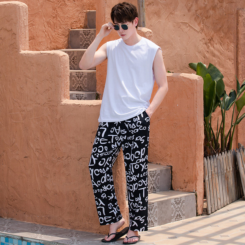 纯棉绸睡裤男款春秋夏季薄款人造棉加大码直筒裤沙滩W长裤子防蚊