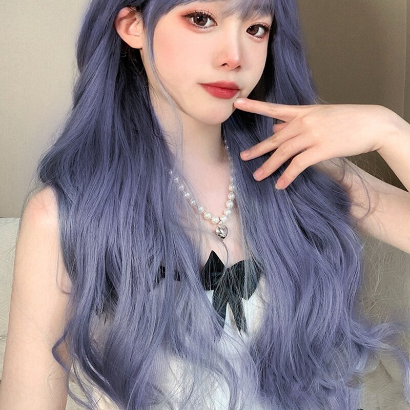 假发女长发雾霾蓝烟灰色长卷发修脸减龄蓬松大波浪空W气刘海全头