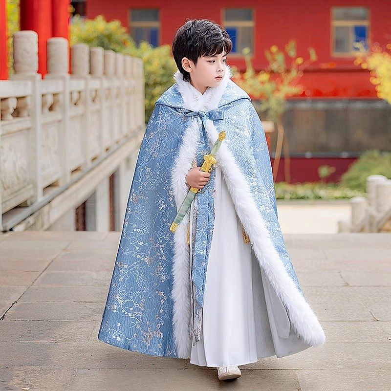 男童汉服披风斗篷秋冬长款中国风儿童外出保暖拜年服Y披肩外套男