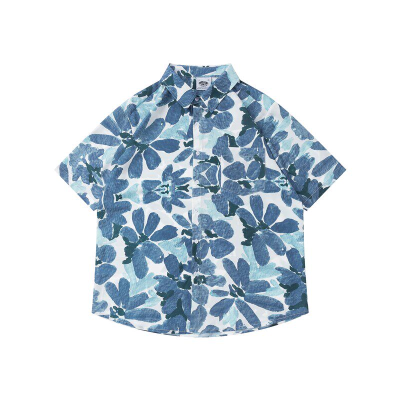 vintage油画港风复古碎花衬衫男夏威夷度假宽Q松夏季情侣短袖衬衣