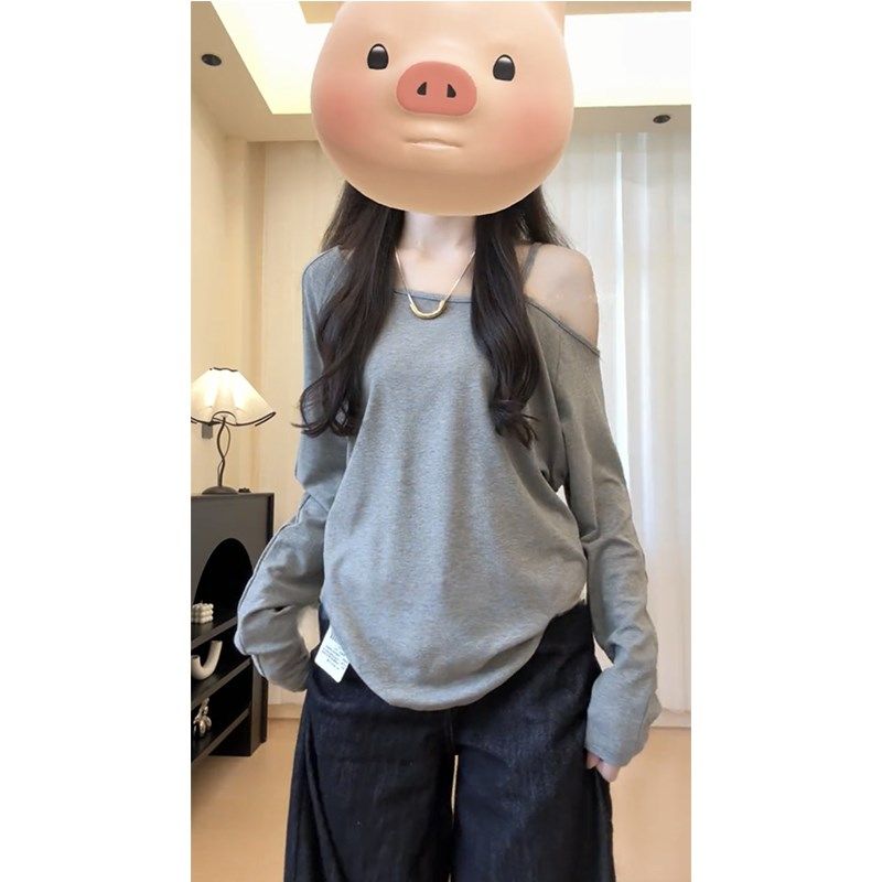 大码胖mm辣妹风灰色o斜领露肩长袖T恤女秋百搭遮肉显瘦设计感上衣,女装/女士精品,大码内搭,淘宝优惠券,粉丝福利购,淘宝优惠卷