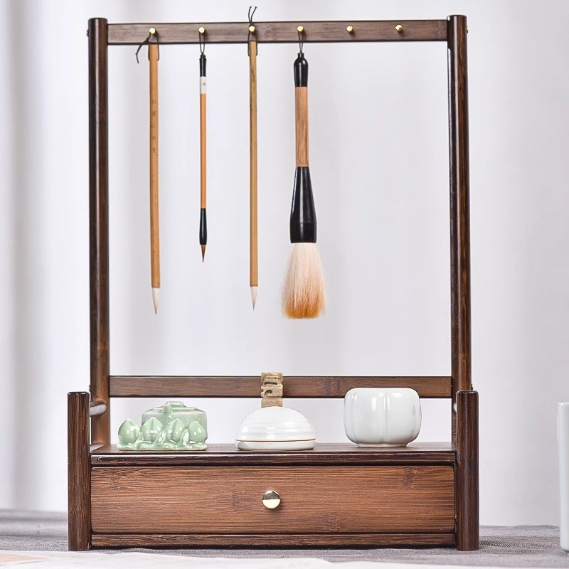 新中式多功能抽屉笔挂文房四宝初学者书法专用挂z毛笔的笔架复古