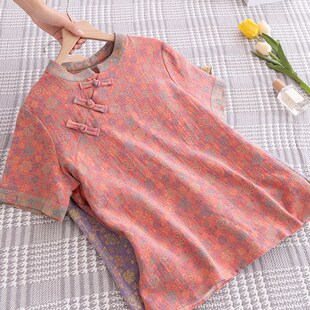 夏季 新中式 纯棉双层棉纱短袖 睡衣 宽松家居服 国风斜襟盘扣m女上装