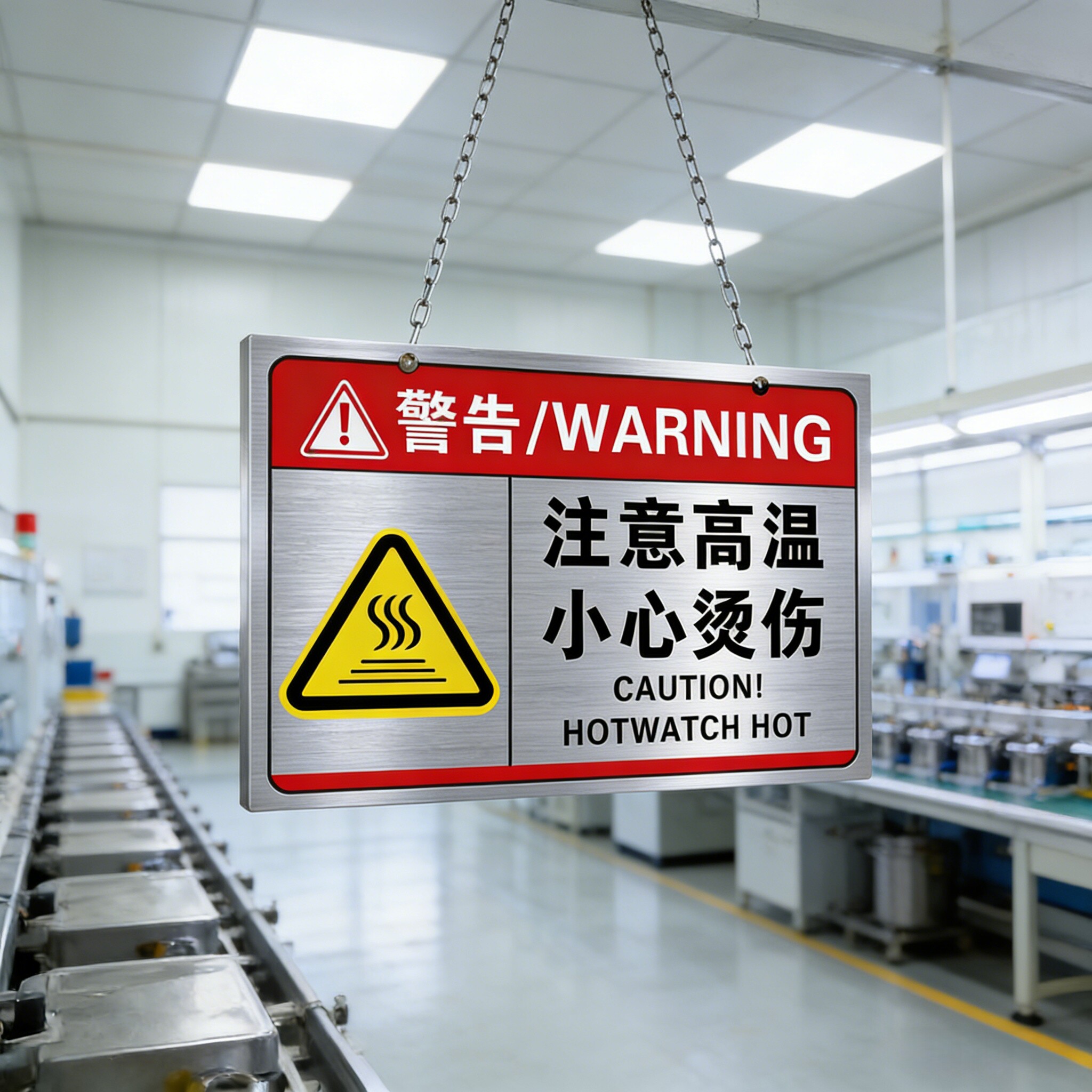 不锈钢注意高温小心烫伤警示牌挂链铝板标识牌当心触电高温有电危险机械设备警示贴标志牌安全警示贴标签定制