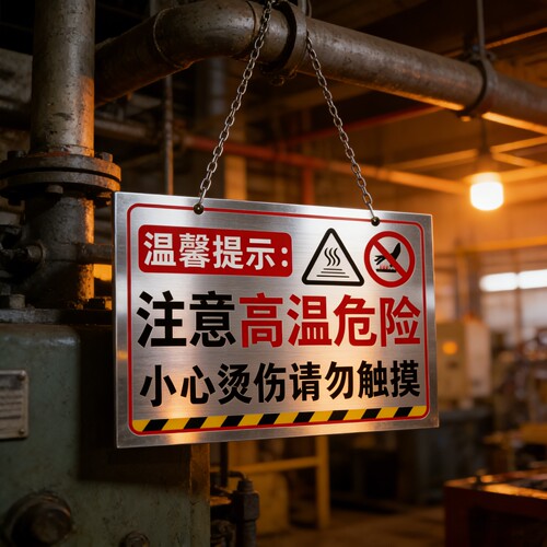 不锈钢注意高温小心烫伤警示牌挂链铝板标识牌当心触电高温有电危险机械设备警示贴标志牌安全警示贴标签定制