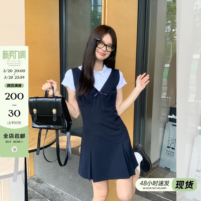 宋正恩藏蓝V领学院风吊带连衣裙女夏季背心裙韩系收腰无袖短裙子