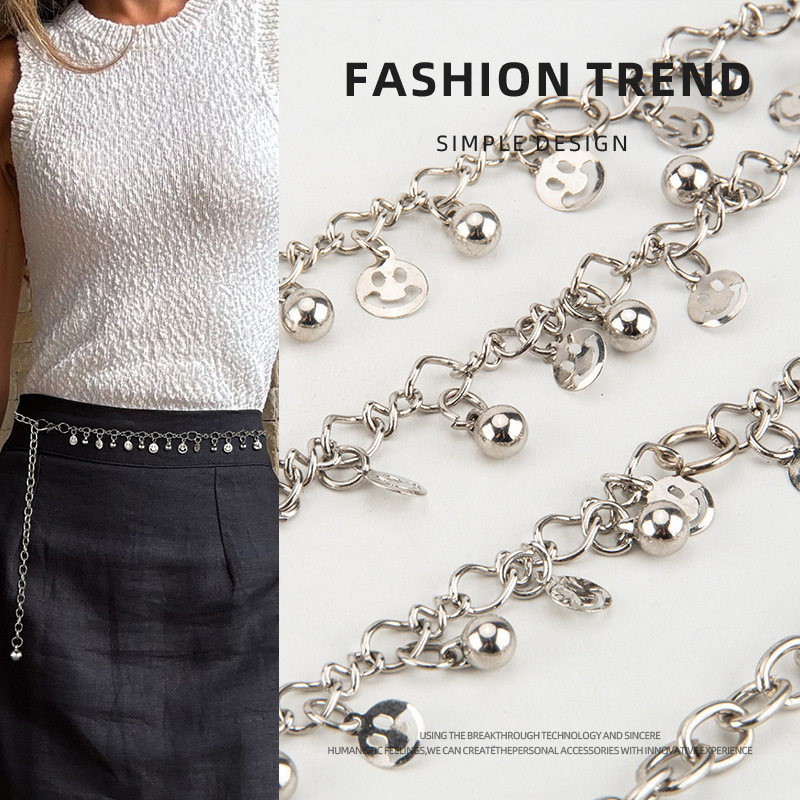 金属圆球流苏腰链复古镂空笑脸古银色金属链条腰带简约时尚高级感