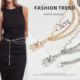 针扣珍珠水钻多层金属链条腰链y2k辣妹潮腰间配饰装饰配裙子腰带