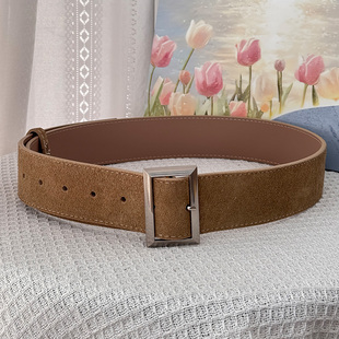 秋冬美拉德复古磨砂绒牛皮女士棕色宽腰带装 饰配大衣毛衣皮带配饰
