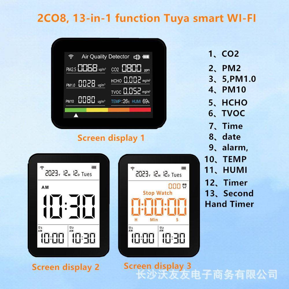 2CO8二氧化碳检测仪pm2.5pm1.0甲醛检测TVOC检测仪温湿度CO2