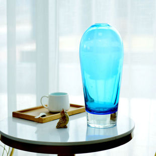 现货彩色玻璃花瓶 天空蓝超厚底儿质感玻璃花器 手工玻璃花瓶