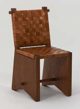 Solium马鞍皮椅子餐椅家用复古实木编织皮靠背椅