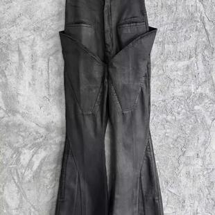 RO新款暗黑立体口袋时尚蜡面男款高腰阔腿喇叭裤休闲宽松牛仔长裤