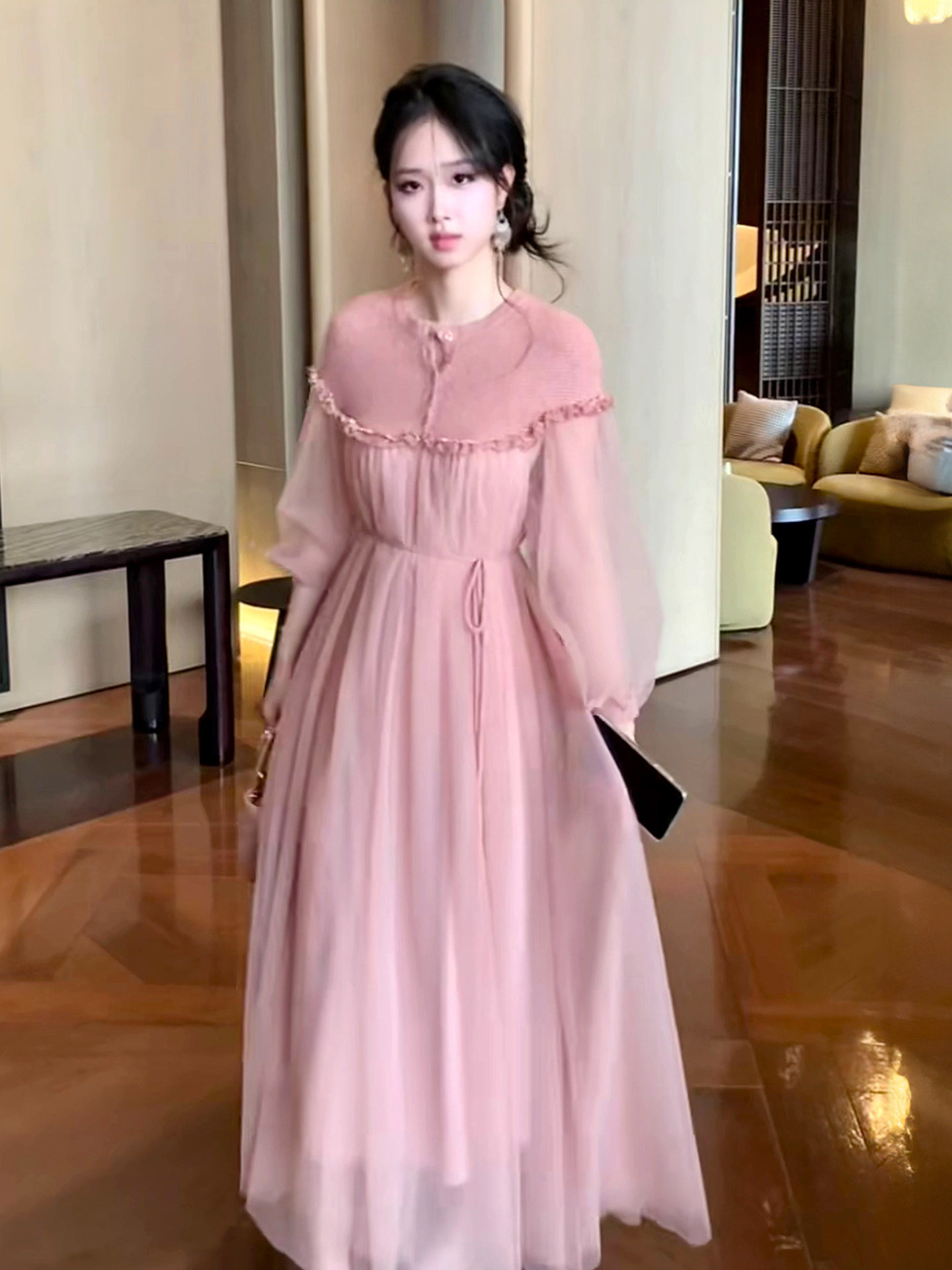 French Retro, Very Ethereal Desert Travel, Sweet Pink Long-Sleeved, Cinched Waist Bohemian Dress, Beach Long Dress