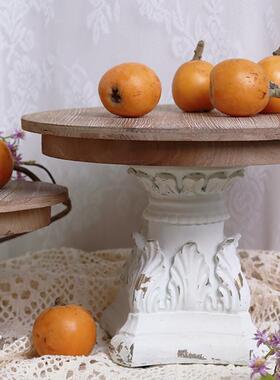 实木圆形底座复古田园雕刻工艺品摆件原木托架茶盘果盘香薰托盘