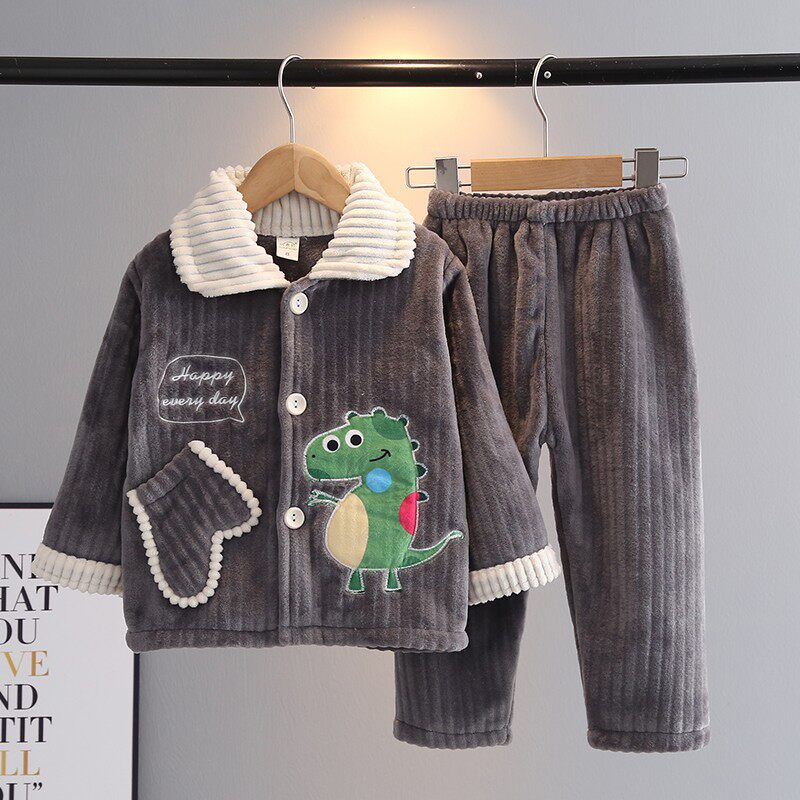 秋冬儿童睡衣法兰绒加厚套装男孩子宝宝珊瑚绒保暖卡通恐龙家居服