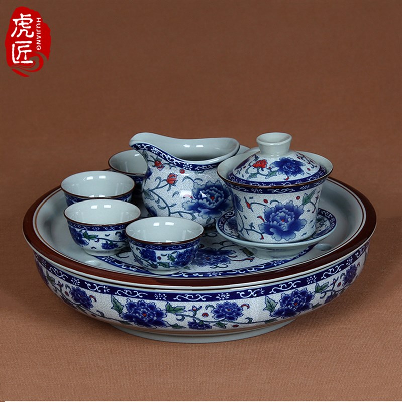 景德镇青花瓷中式功夫茶具家用客厅整套陶瓷茶壶茶盘泡茶套装