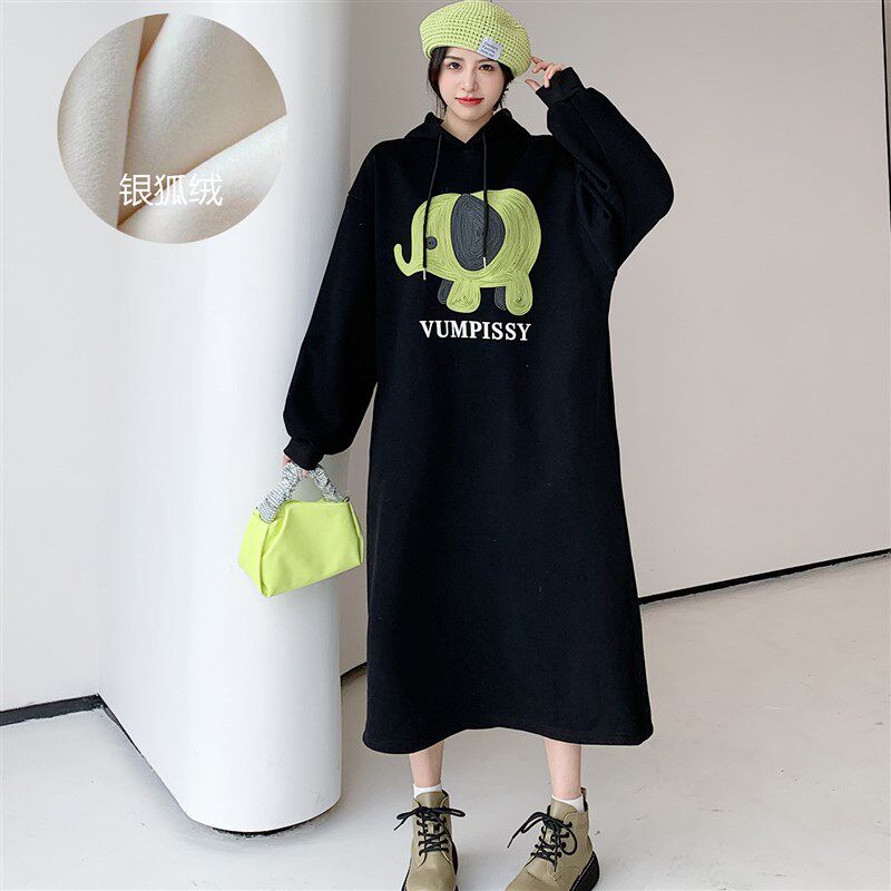 大码加绒加厚卫衣裙女冬季新款胖mm黑色宽松连帽休闲连衣裙长裙子