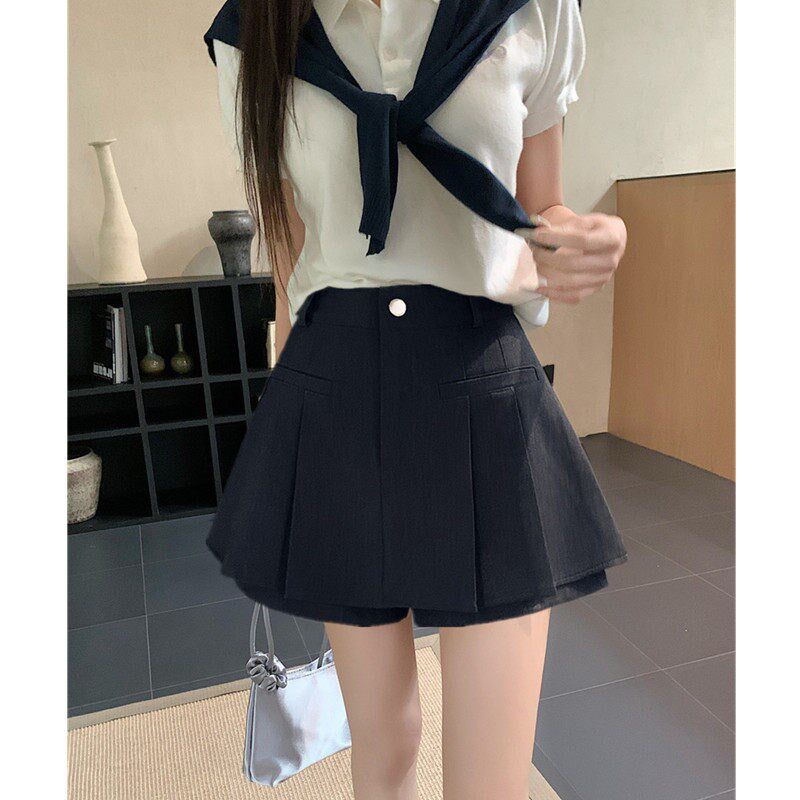 夏季2025新款高腰西装百褶半身女裙胖mm显瘦百搭小个子a字短裙裤