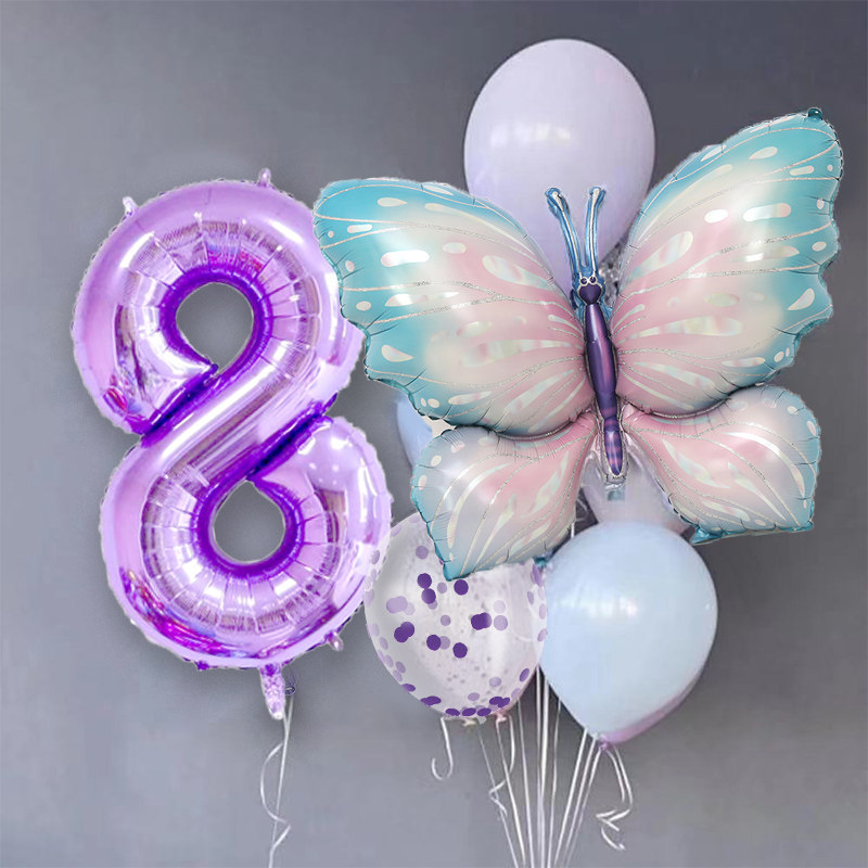 紫色系幻彩蝴蝶亮片气球  铝箔生日数字  宝宝周岁生日场景装饰品