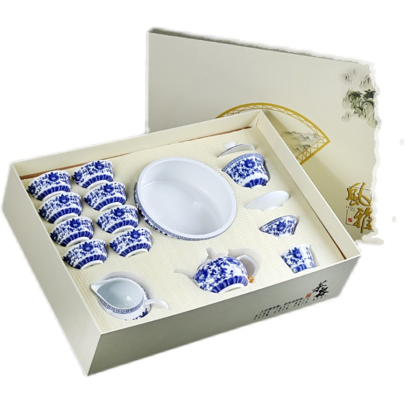 白瓷茶具套装功夫茶具茶洗青花瓷山水画简约家用会客办公泡茶组