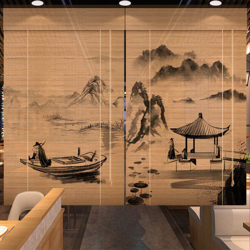 烟雨江南画竹帘卷帘窗帘酒楼餐厅隔断装饰帘子阳台防晒隔热遮阳帘