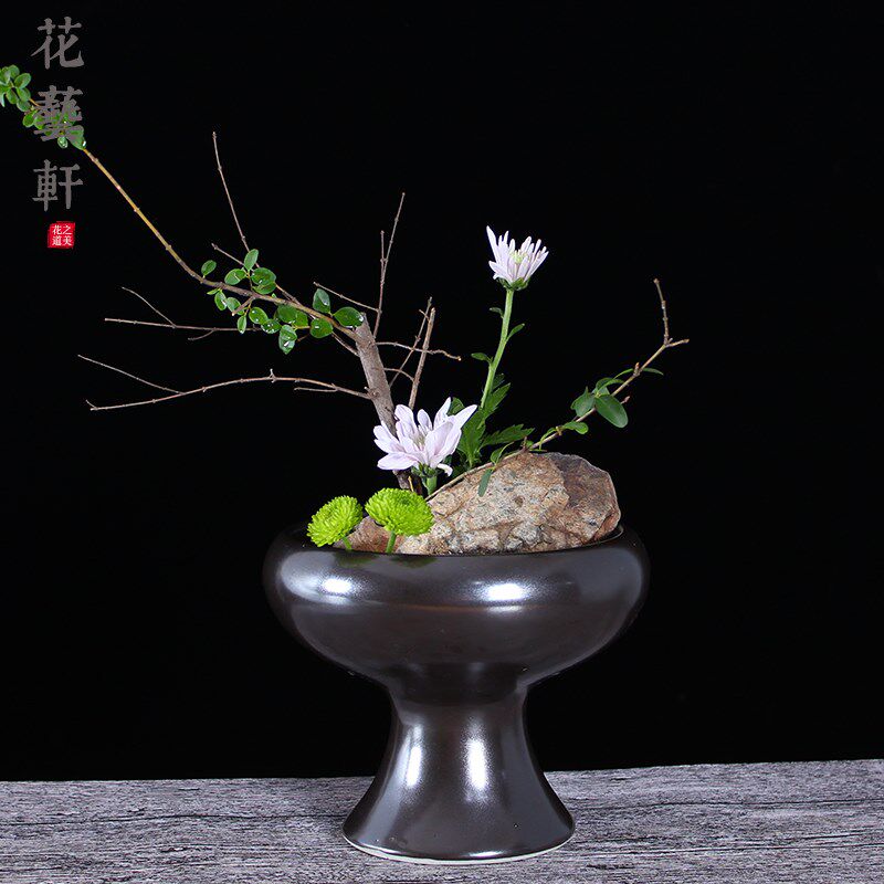 禅意黑色高脚陶瓷中日式剑山插花器皿小原流花道客厅茶几摆件花盘