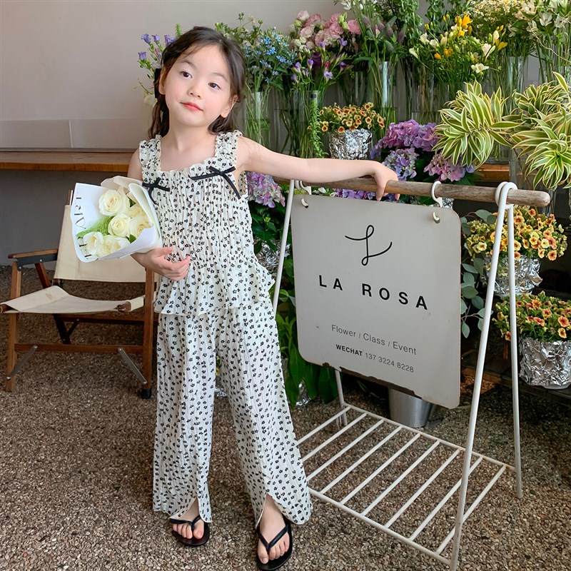 沫沫家童装女童夏季套装2023新款儿童洋气吊带裤子宝宝夏装两件套