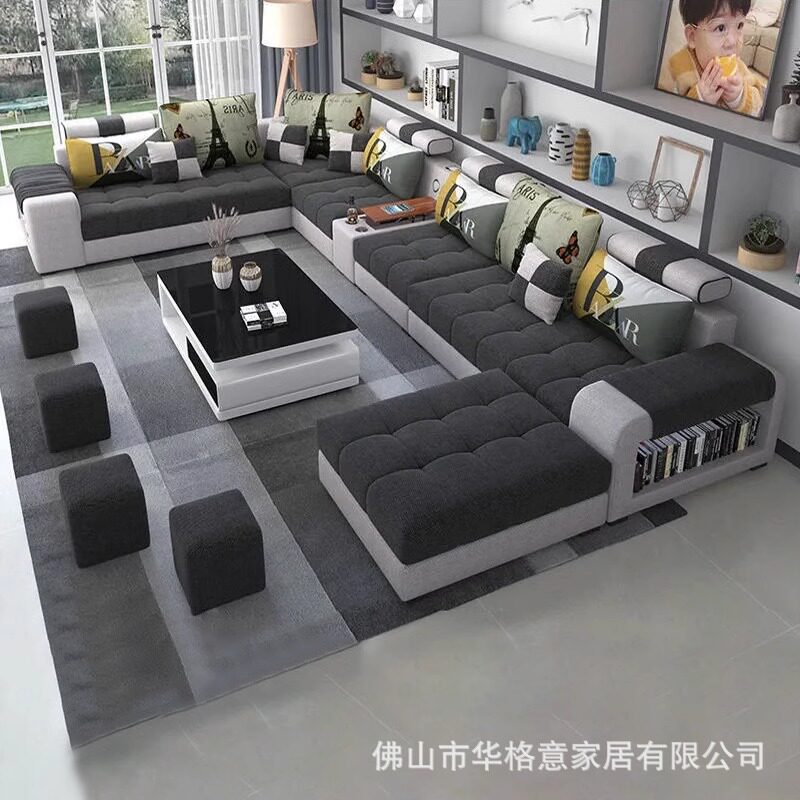 现货布艺沙发简约现代大户型贵妃转角客厅六件套 乳胶科技布沙发