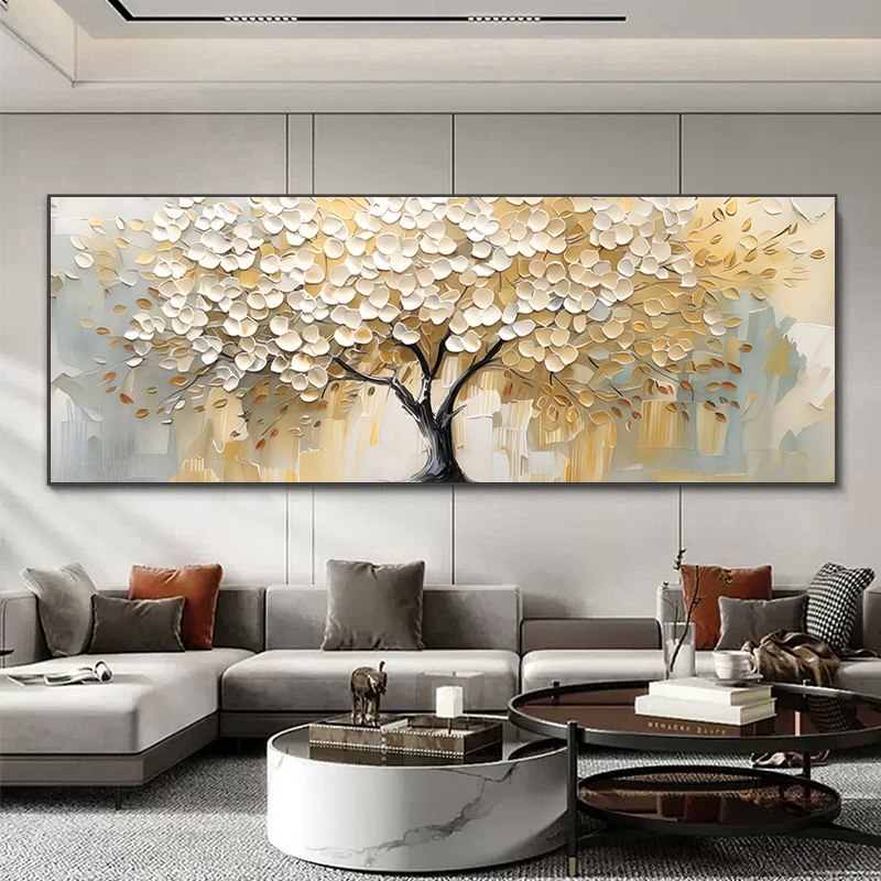 发财树水晶烤瓷镶钻客厅装饰画轻奢大气沙发背景墙挂画肌理感壁画