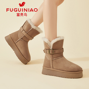 富贵鸟中筒雪地靴女款2026新款冬季加绒保暖不进雪厚底雪乡大棉鞋