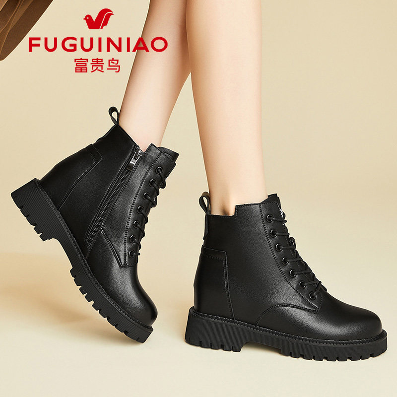 富贵鸟软底妈妈鞋女士皮鞋2025新款秋冬加绒马丁靴不累脚真皮短靴