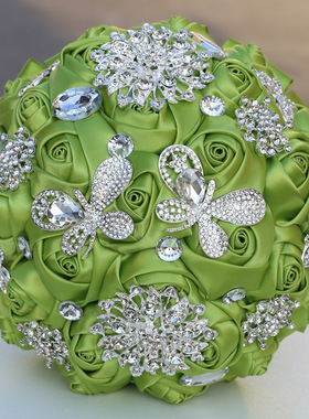 森系新娘草绿色玫瑰缎带手捧花婚礼水钻手捧花结婚庆手捧花束W319