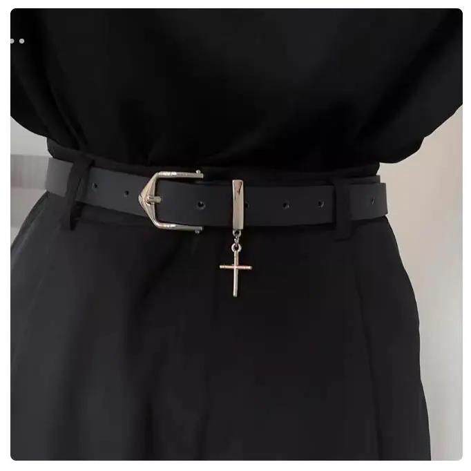 皮带女高街设计感十字架装饰牛仔裤带百搭潮流个性学生男黑色皮带