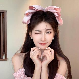 高级感~粉色温柔蓝珍珠大蝴蝶结发夹女後脑勺发饰夹子头饰弹簧发