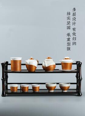 全新中国风纯手工竹茶棚双层杯架桌面薄谷架茶具收纳架多功能收纳
