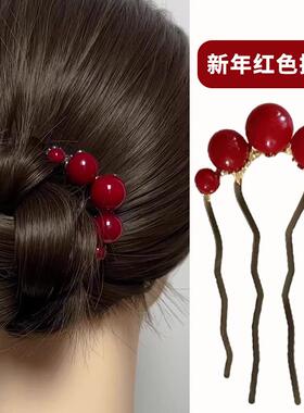 新年红色珠珠发簪女新中式发梳后脑勺盘发插梳新级感发钗簪子