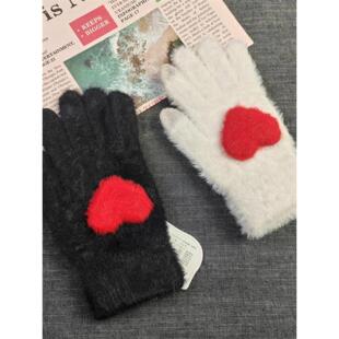 水貂绒手套厚实保暖触屏可爱女大童黑白色漂亮女生五指手套秋冬