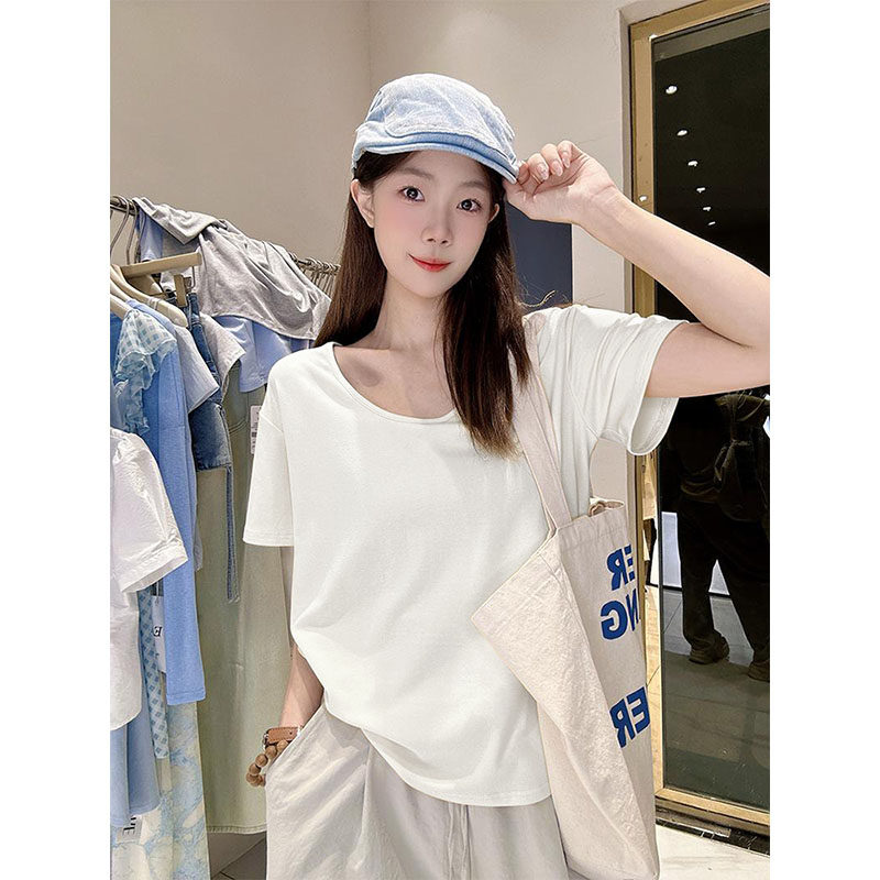 正肩V领短袖宽松慵懒白色T恤女夏季新款纯色打底半袖体恤上衣