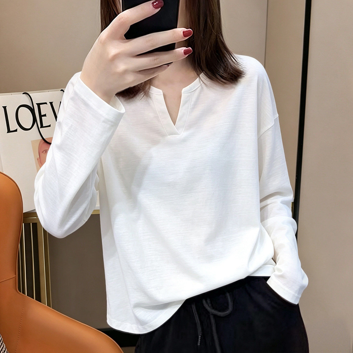 休闲简约通勤纯色竹节棉V领长袖T恤女宽松设计感大码套头显瘦上衣
