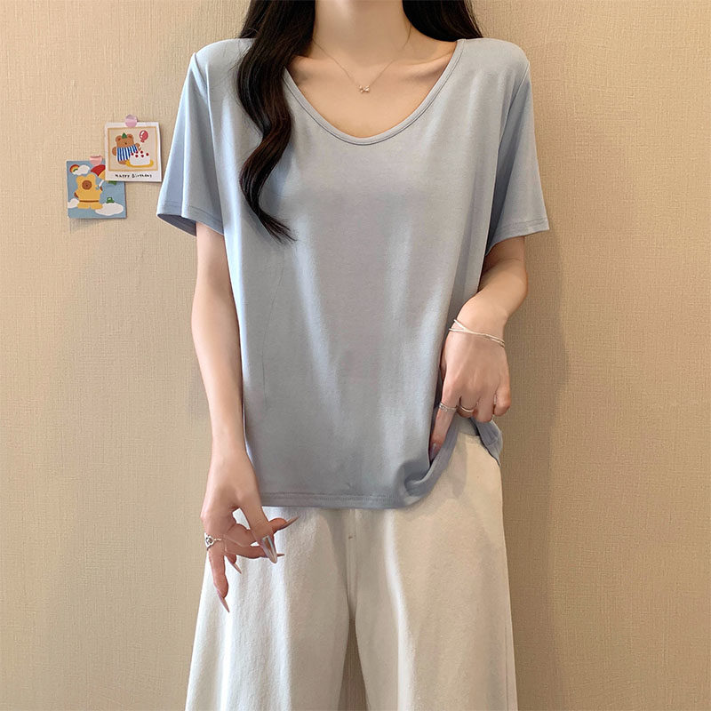 正肩V领短袖t恤女夏季宽松设计感小众休闲百搭慵懒风半袖上衣