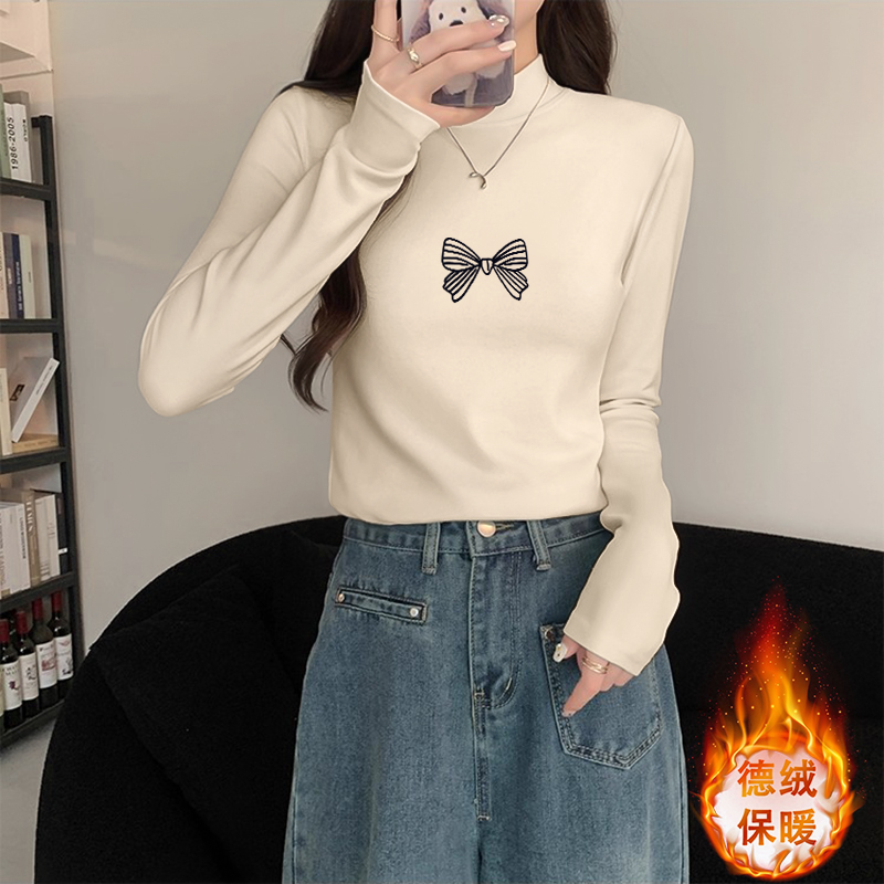 德绒保暖正肩长袖半高领T恤女